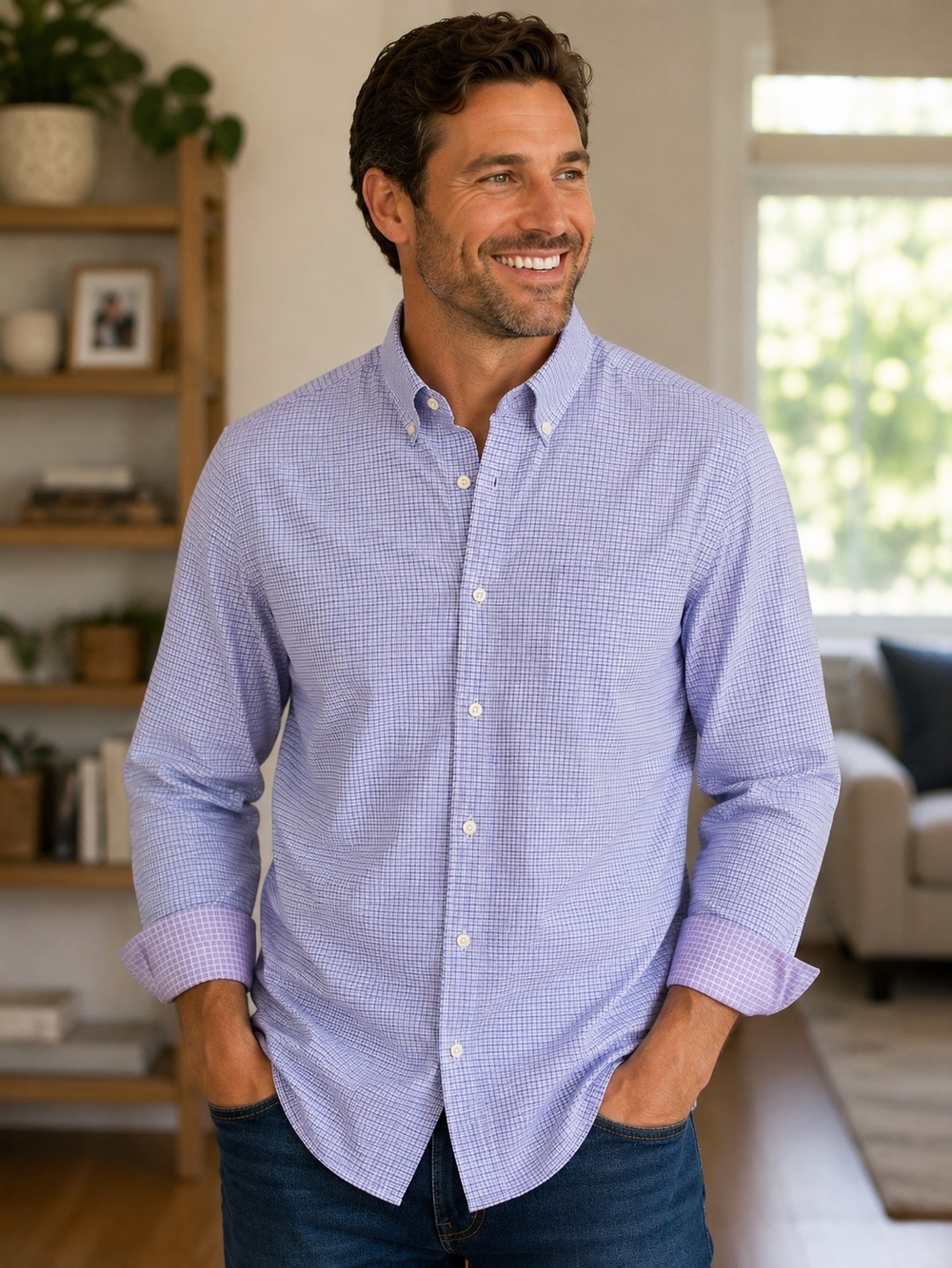 Black Brown 1826 Mens Lavender Purple Check Long Sleeve Button Down Shirt Top